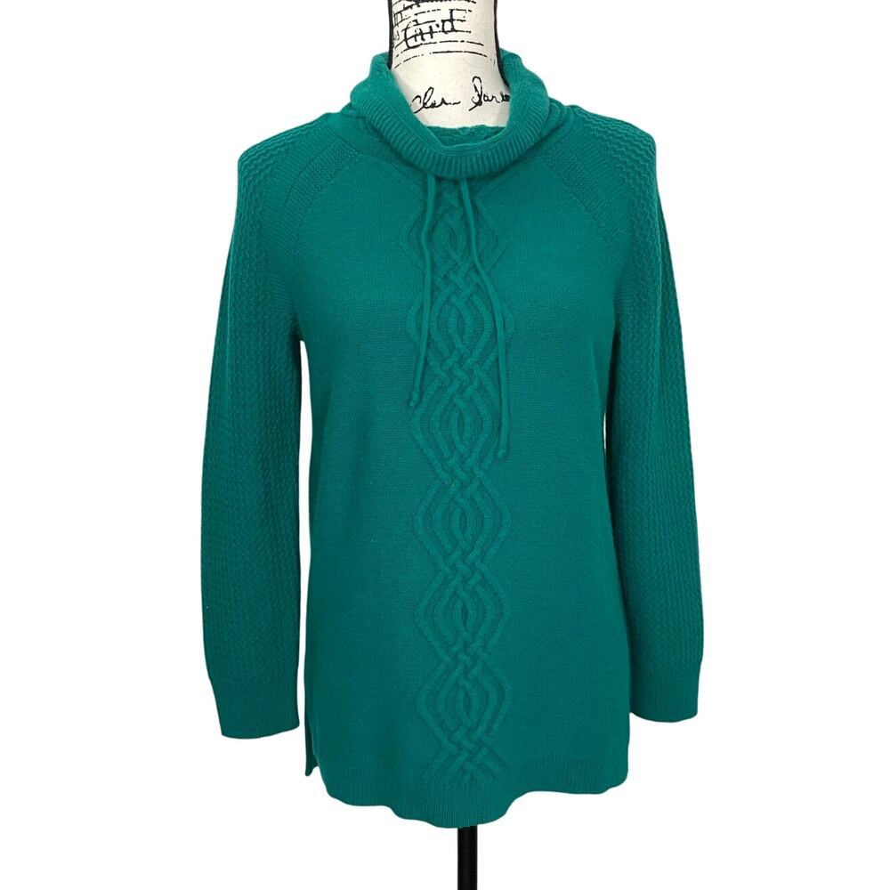 Talbots Wool Blend Sweater Cable Knit Funnel Neck Teal Pullover Sz M Fisherman